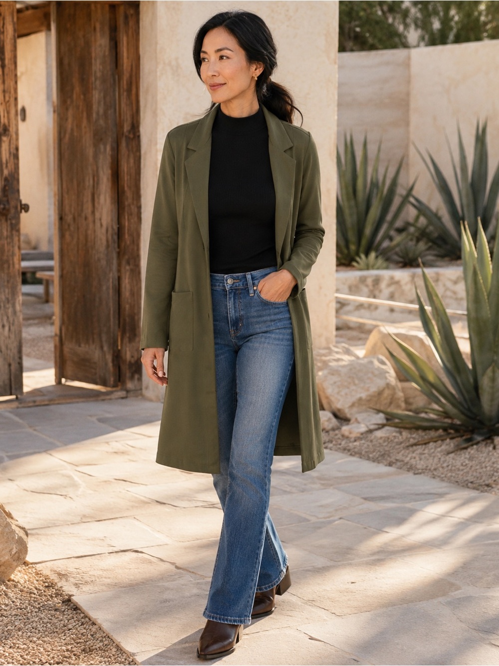 Olive Knee-Length Open-Front Trench Coat